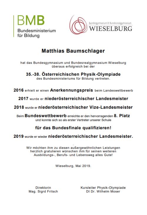 vwa urkunde Physikolympiade baumschlager 2019